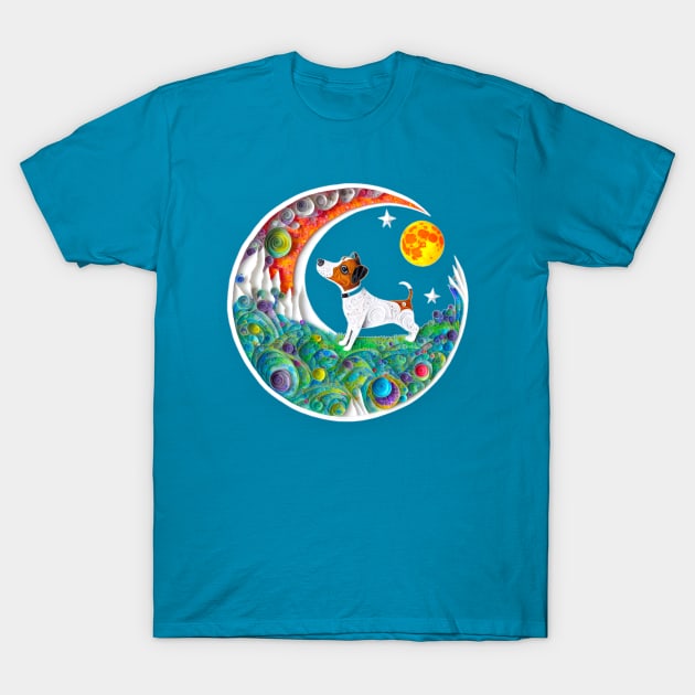 Jack Russell Terrier Dog Space Crescent Moon Stars Cute Art T-Shirt by joannejgg